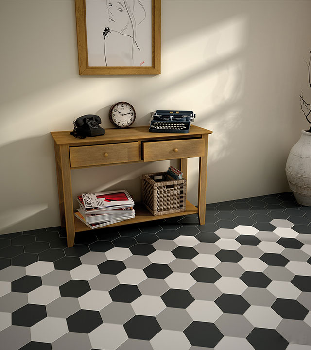 Black, white, and grey hexagon tiles for floor tiling