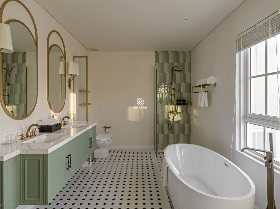 Gạch lông vũ ốp tường phối mosaic lát nền