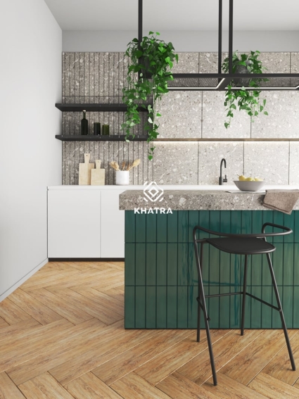 Gạch gỗ lát nền kết hợp gạch thẻ xanh và Terrazzo 600x600