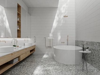 Phối gạch terrazzo KHA12651 và thẻ Stripe trắng