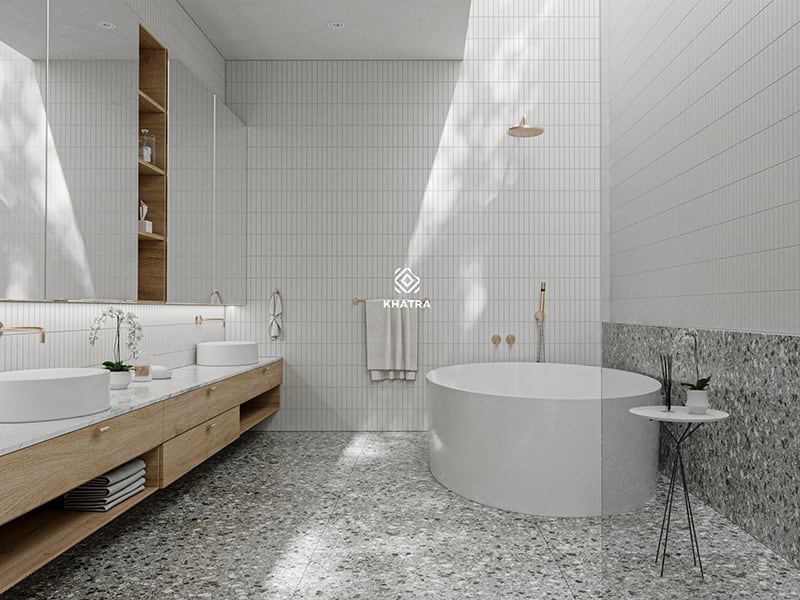Phối gạch terrazzo KHA12651 và thẻ Stripe trắng