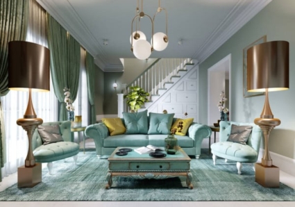 Phòng khách Art Deco với tông mint green