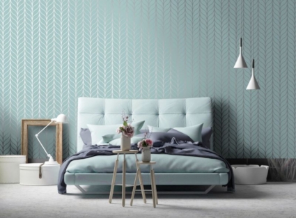 Phòng ngủ với nội thất và tường màu bạc hà