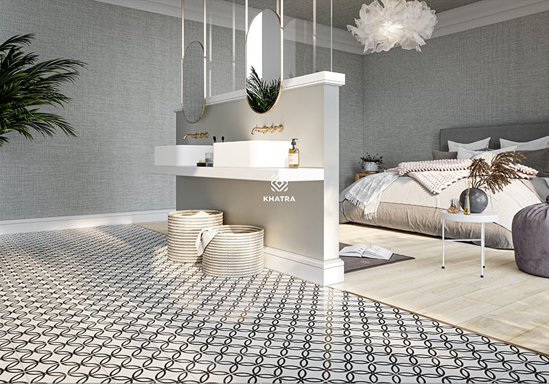 Phối gạch bông L204 với gạch gỗ lát nền