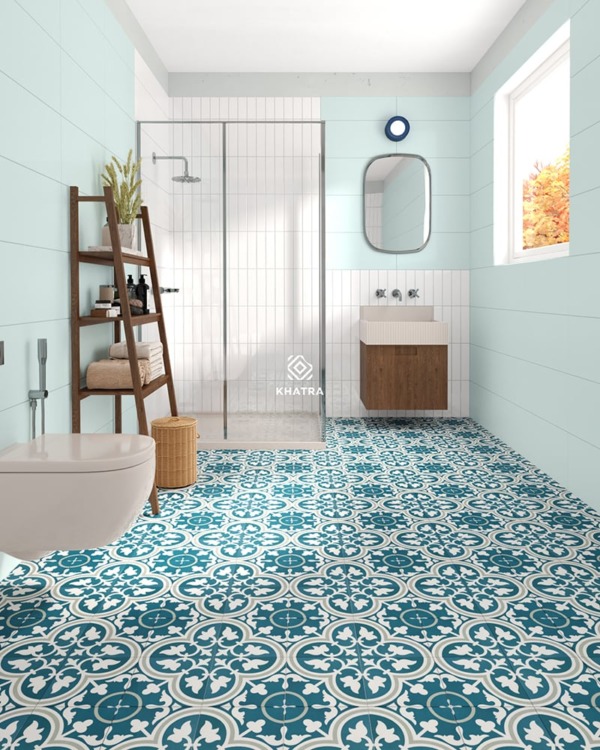 TD004 encaustic tile paired with mint green wall tile