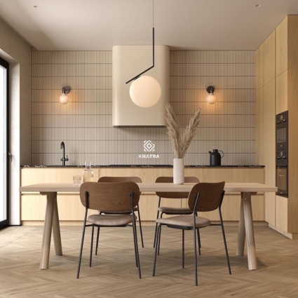 Gạch Stripe phối gạch gỗ ốp lát bếp