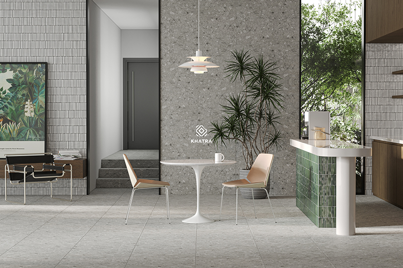 Phối gạch Terrazzo hạt xám với gạch mosaic stripe ốp lát khách bếp