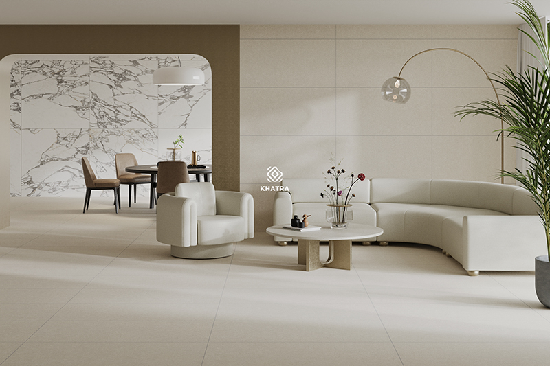 12M tiles for living room combined with Calacatta feature wall tiles