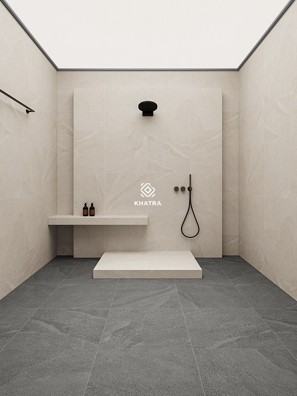 Coordinating Ardex Creama wall tiles with Ardex Dark Grey floor tiles