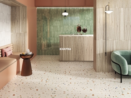 Gạch gỗ và thẻ xanh F12 ốp tường phối Terrazzo lát nền