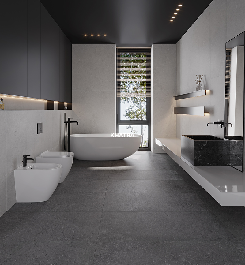 Limestone 01GM wall tile paired with 04GM floor tile