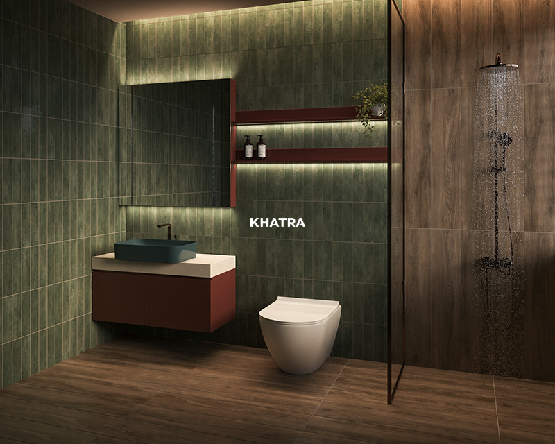 Bathroom design using wood floor tiles paired with subway wall tiles