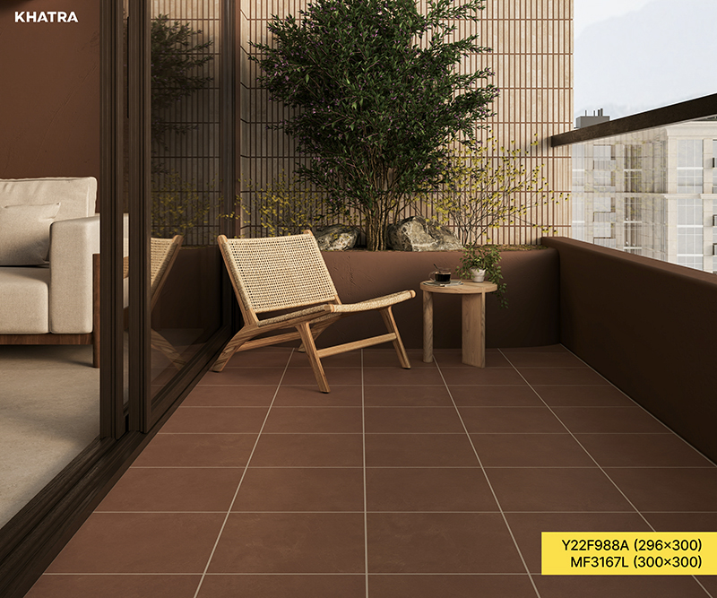 Balcony using 30x30 patterned floor tiles paired with mosaic stripe wall tiles
