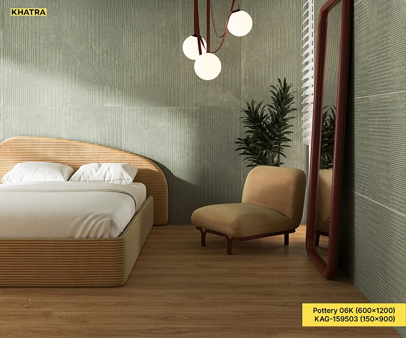 KAG-159503 wood look tile paired with Pottery 06K for bedroom tiling