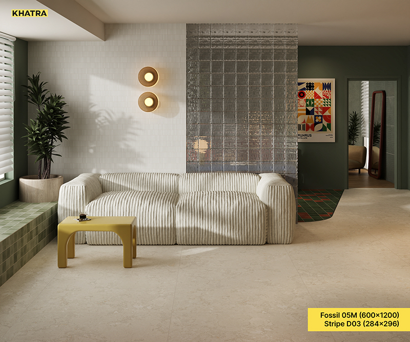 White Mosaic Stripe D03 sofa accent wall tile paired with Fossil 05M floor tile