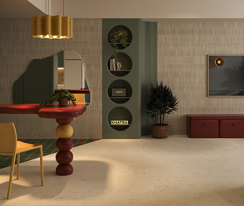 Living room combining Fossil 05M floor tiles and Stripe IK22F687 TV accent wall tiles