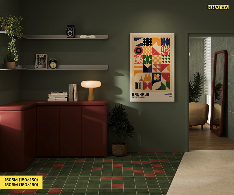 Combination of green - red square subway tiles for home office flooring