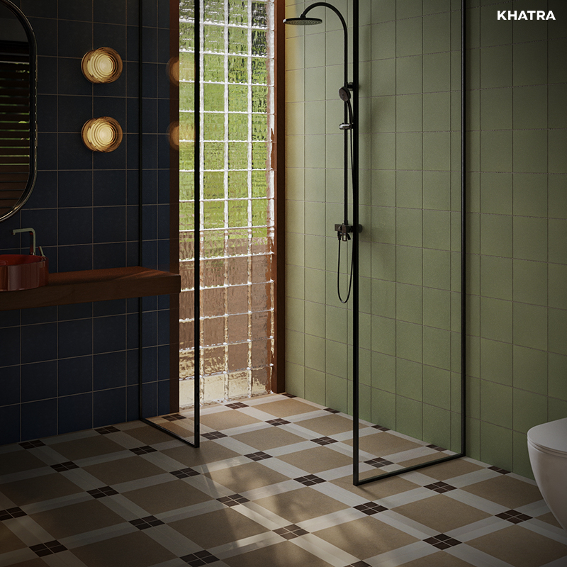 Pairing 200x200 cement wall tiles with 400x400 cement floor tiles