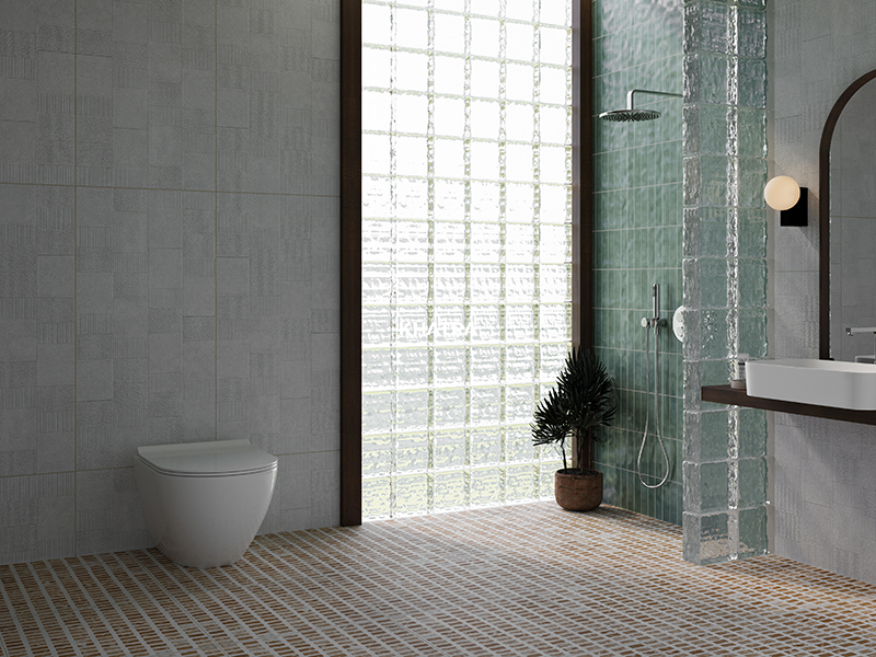 Distinctive bathroom with an accent wall using textured tiles