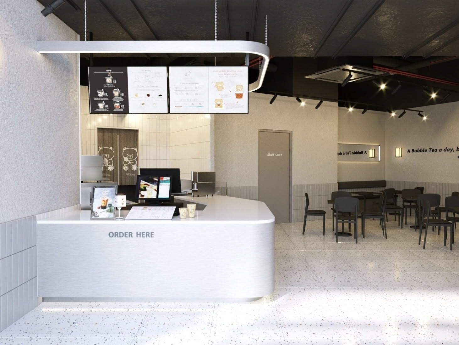 Design rendering of KOI Thé store using D6637 for floor tiling